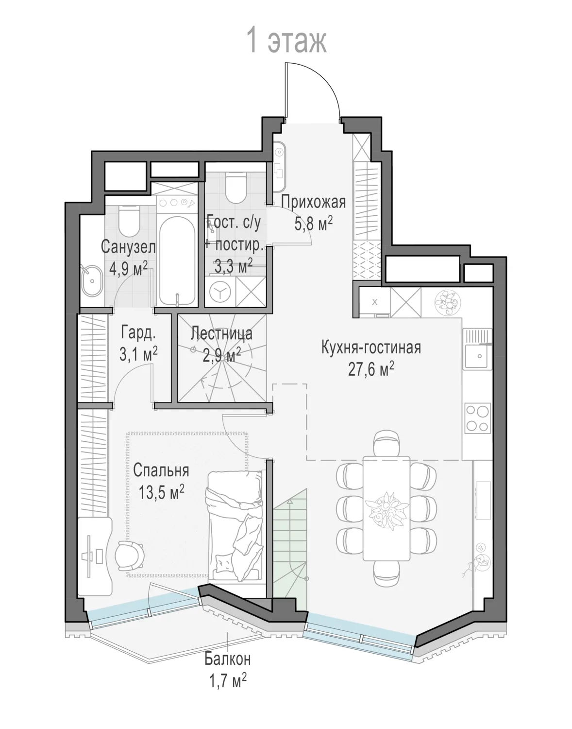 2-комнатная квартира 60,7 м² в ЖК «Тишинский бульвар» — планировки 7