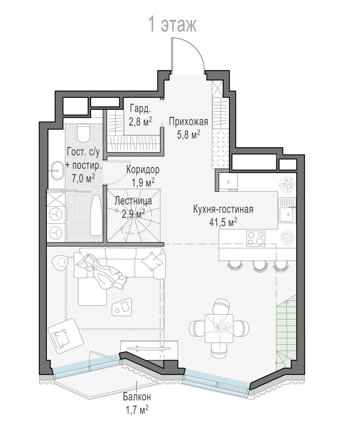 2-комнатная квартира 60,7 м² в ЖК «Тишинский бульвар» — планировки 8