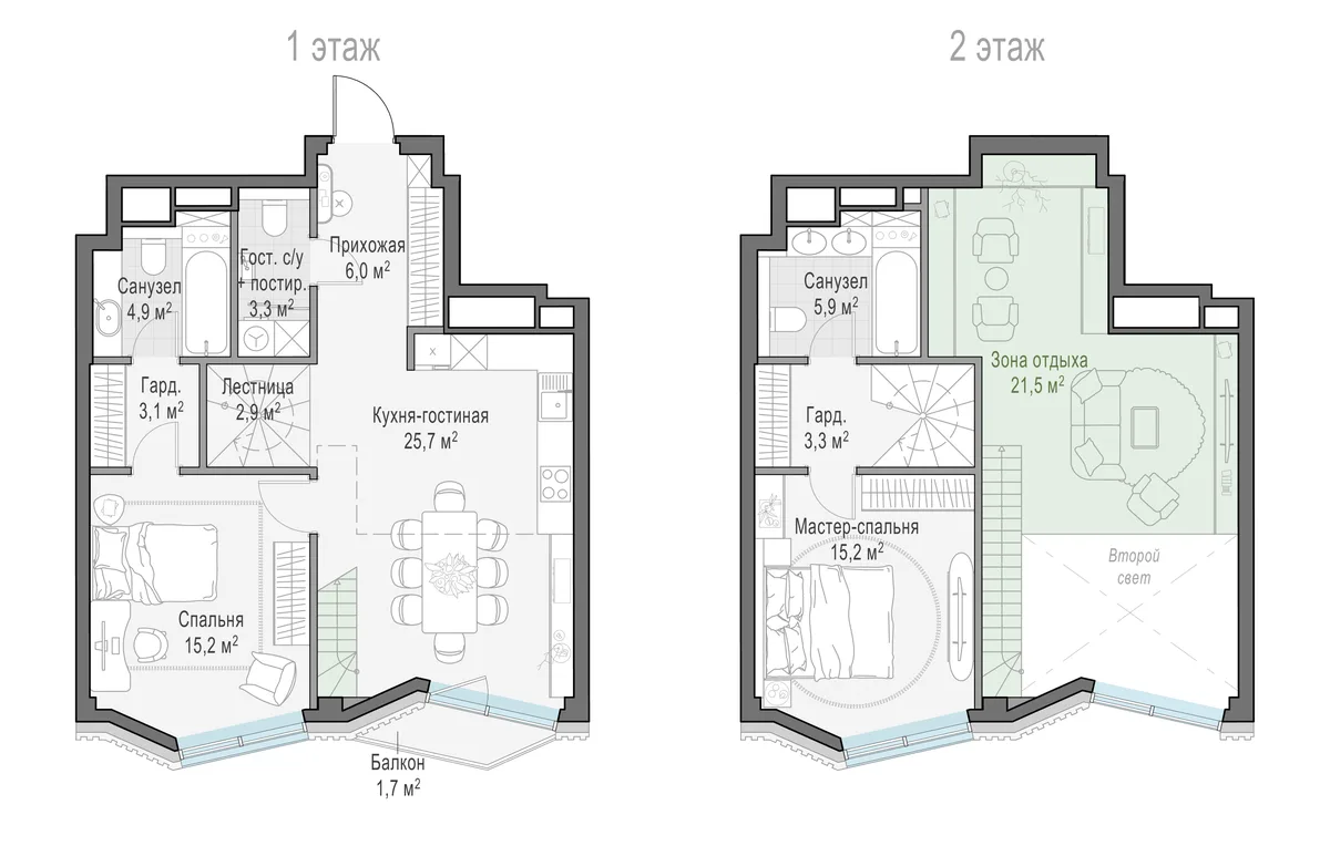 2-комнатная квартира 61,8 м² в ЖК «Тишинский бульвар» — планировки 6
