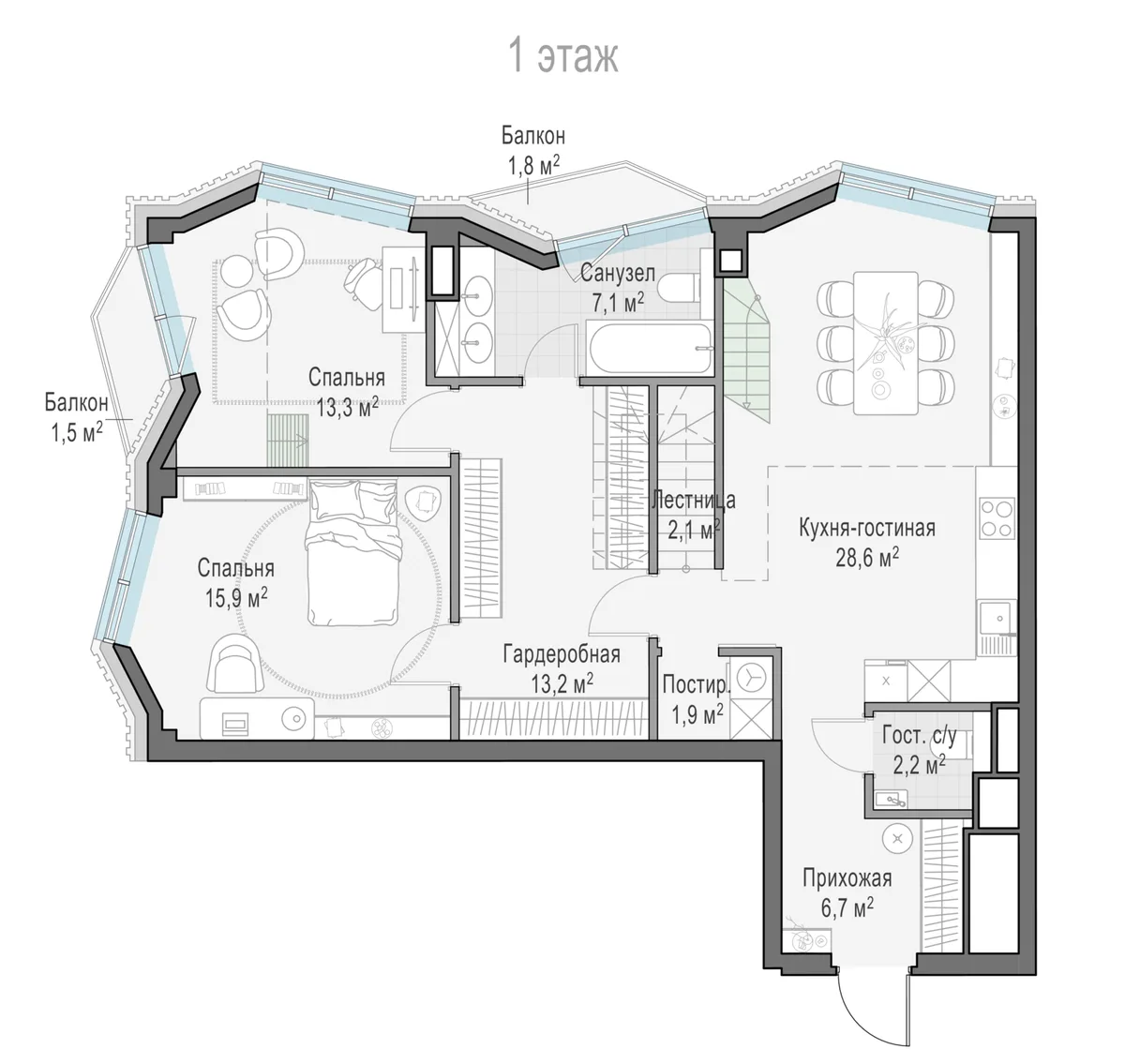 2-комнатная квартира 90,2 м² в ЖК «Тишинский бульвар» — планировки 2