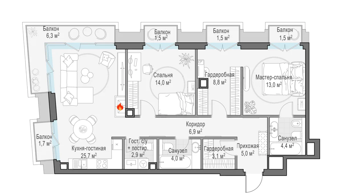 3-комнатная квартира 94,5 м² в ЖК «Тишинский бульвар» — планировки 1