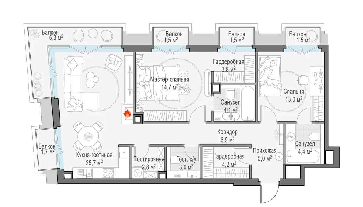 3-комнатная квартира 94,5 м² в ЖК «Тишинский бульвар» — планировки 2
