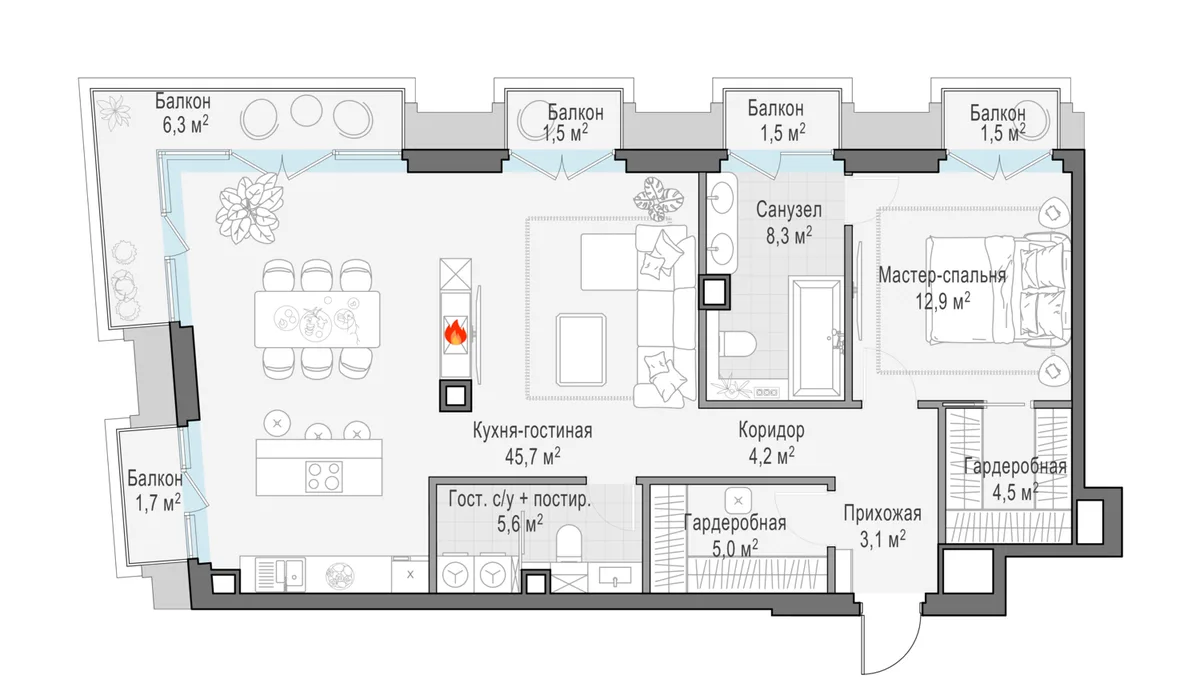 3-комнатная квартира 94,5 м² в ЖК «Тишинский бульвар» — планировки 3