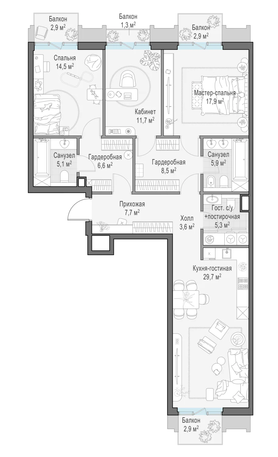 3-комнатная квартира 122,1 м² в ЖК «Тишинский бульвар» — планировки 1