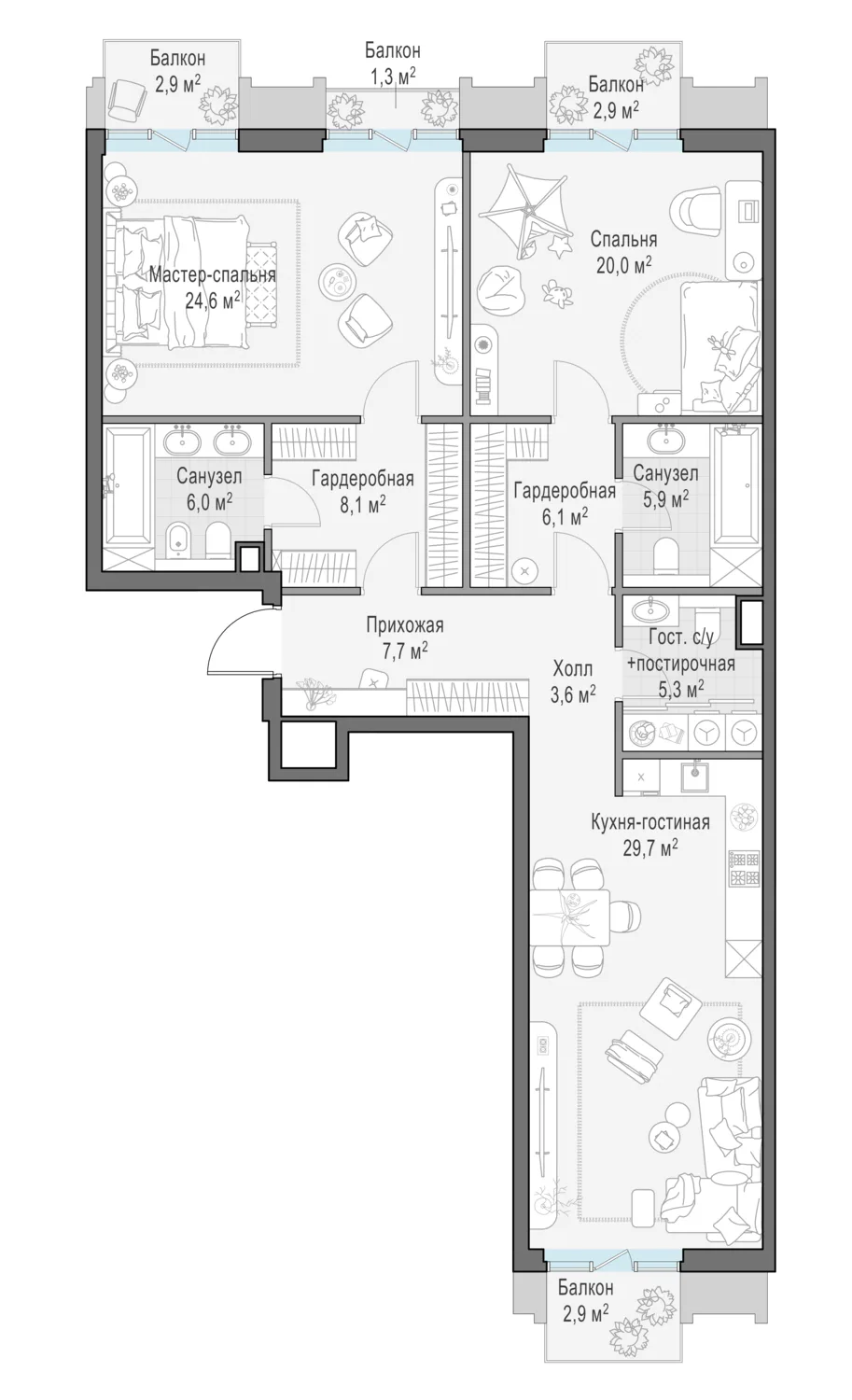 3-комнатная квартира 122,1 м² в ЖК «Тишинский бульвар» — планировки 2