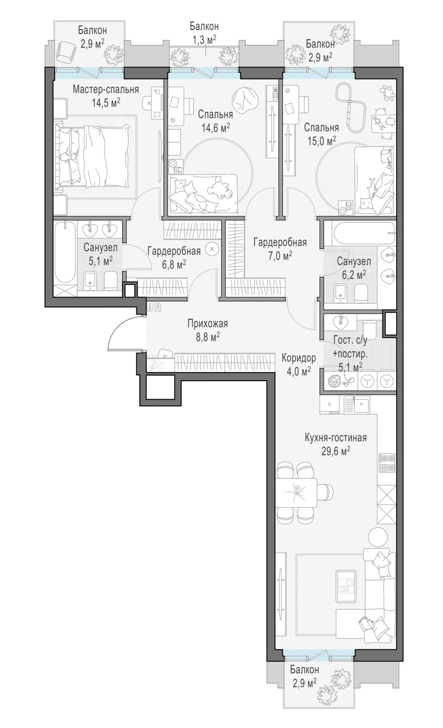 3-комнатная квартира 122,1 м² в ЖК «Тишинский бульвар» — планировки 3
