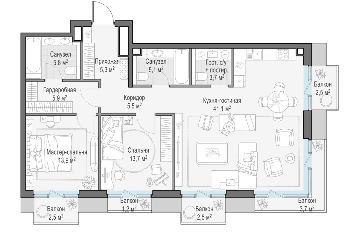 3-комнатная квартира 103,3 м² в ЖК «Тишинский бульвар» — планировки 2