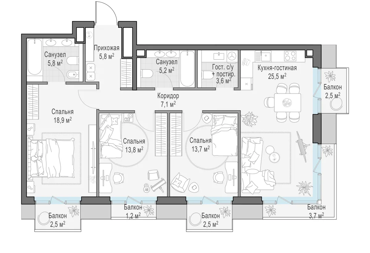 3-комнатная квартира 103,3 м² в ЖК «Тишинский бульвар» — планировки 3