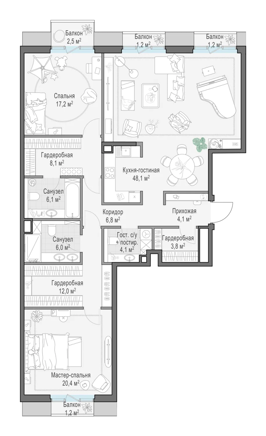 3-комнатная квартира 138,4 м² в ЖК «Тишинский бульвар» — планировки 1