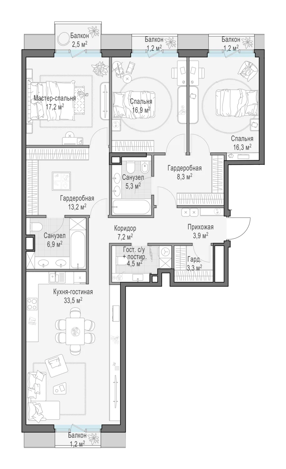 3-комнатная квартира 138,4 м² в ЖК «Тишинский бульвар» — планировки 2