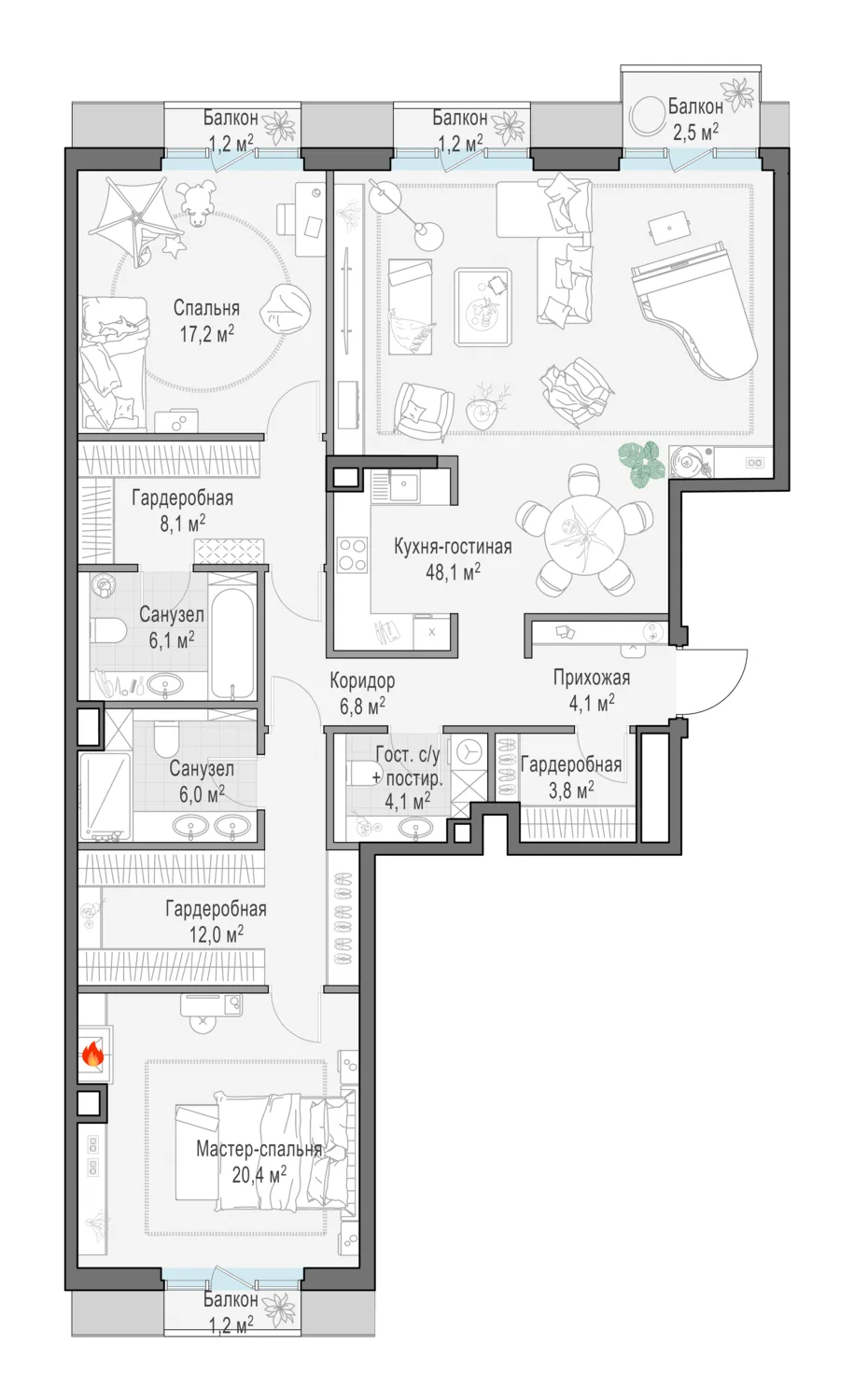 3-комнатная квартира 138,3 м² в ЖК «Тишинский бульвар» — планировки 1