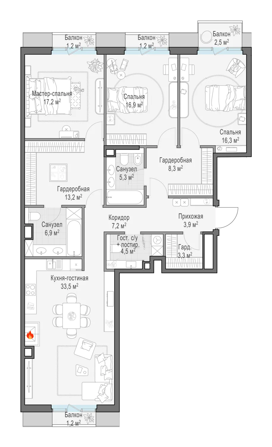 3-комнатная квартира 138,3 м² в ЖК «Тишинский бульвар» — планировки 2