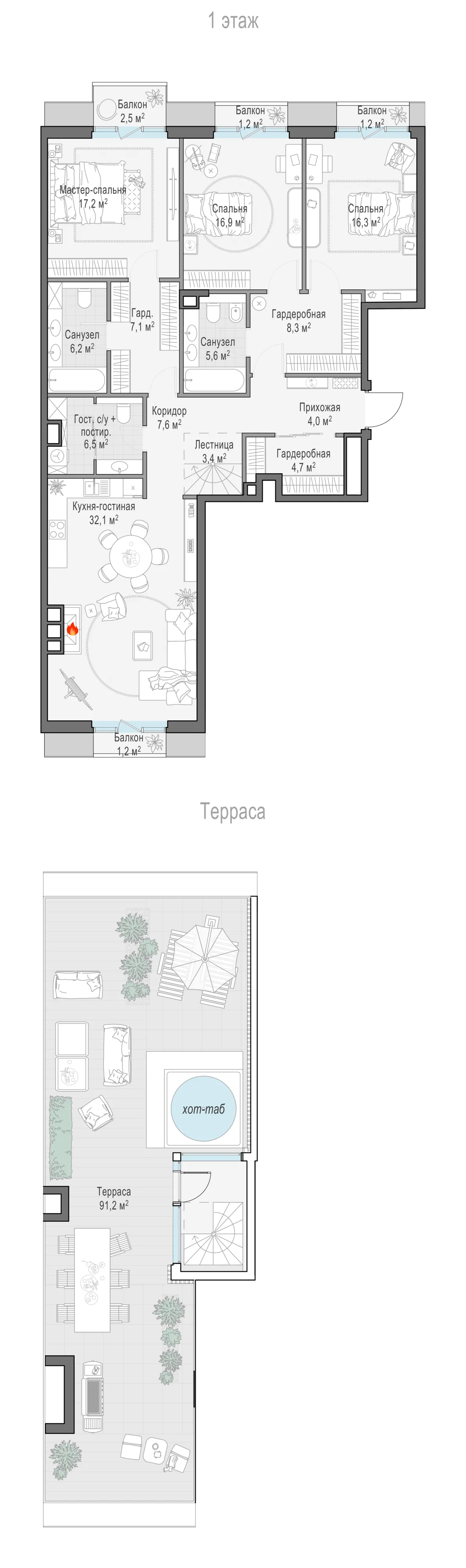 3-комнатный пентхаус 138,1 м² в ЖК «Тишинский бульвар» — планировки 1
