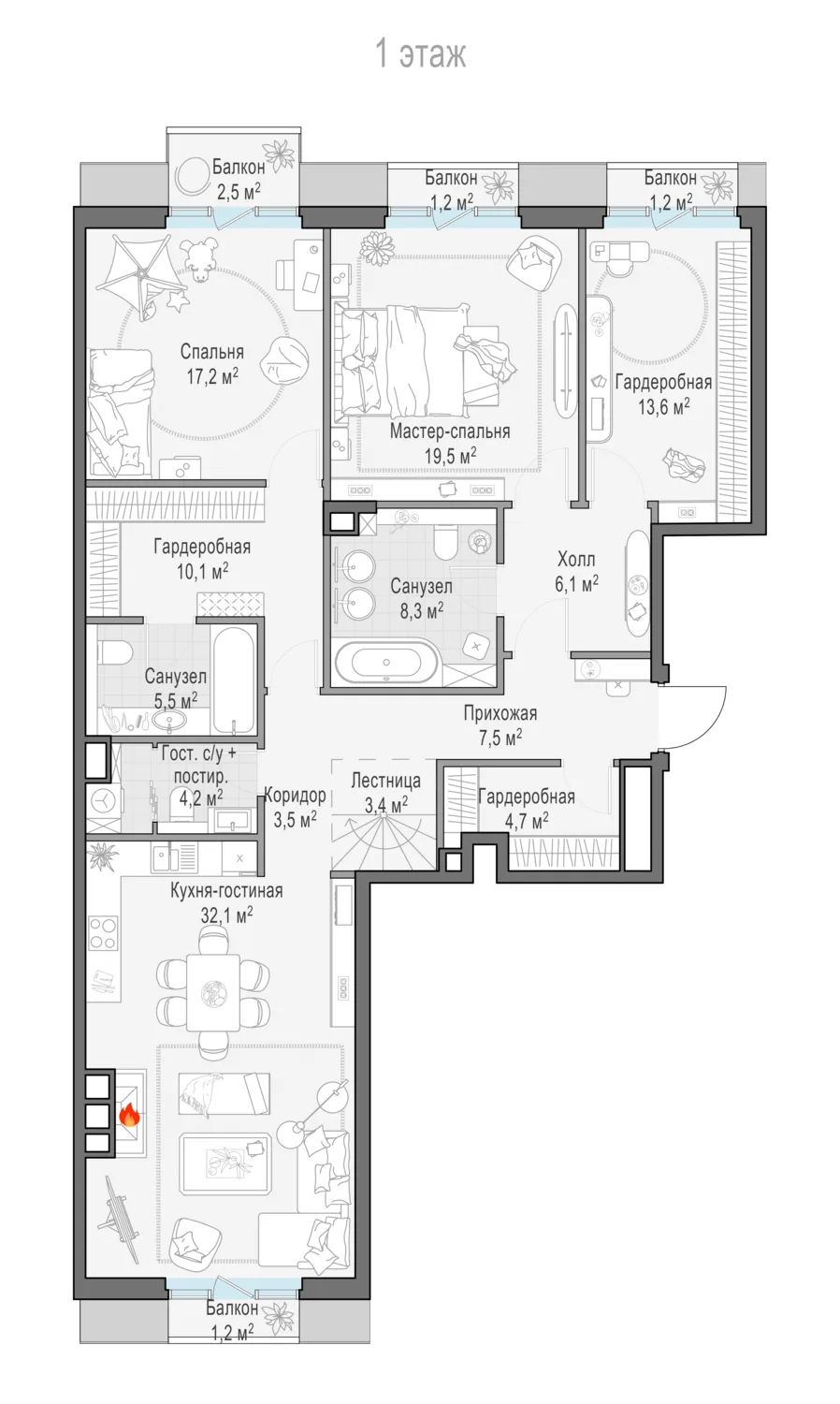 3-комнатный пентхаус 138,1 м² в ЖК «Тишинский бульвар» — планировки 3