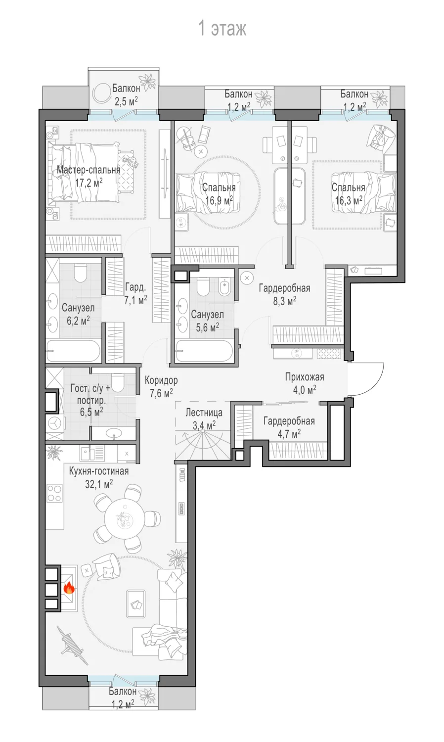 3-комнатный пентхаус 138,1 м² в ЖК «Тишинский бульвар» — планировки 8