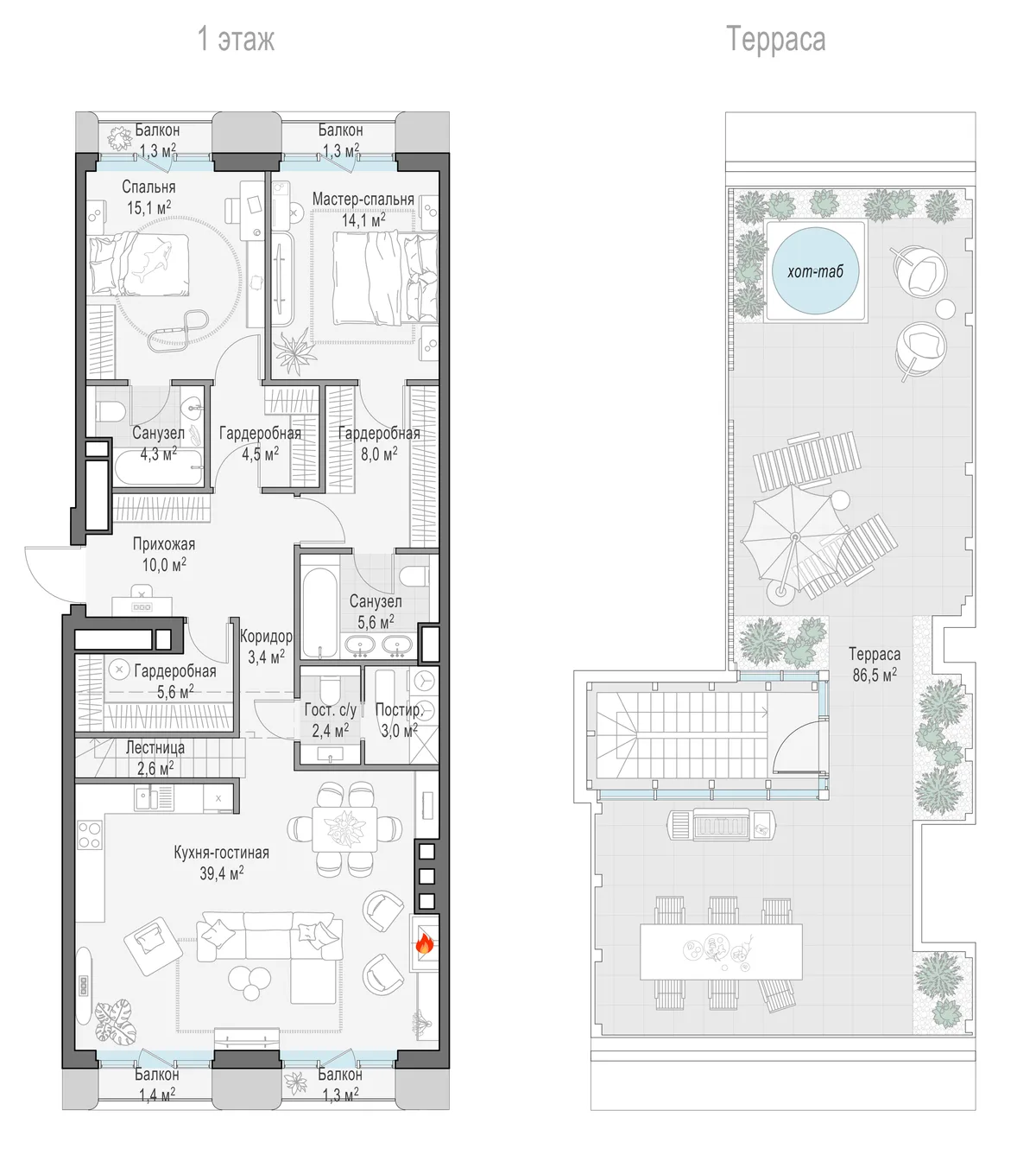 3-комнатный пентхаус 119,6 м² в ЖК «Тишинский бульвар» — планировки 1
