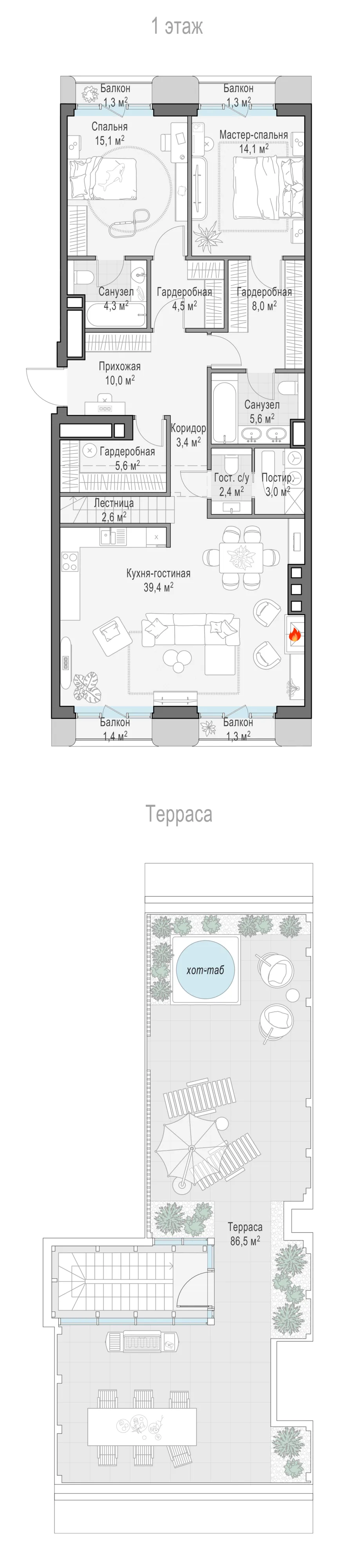 3-комнатный пентхаус 119,6 м² в ЖК «Тишинский бульвар» — планировки 3