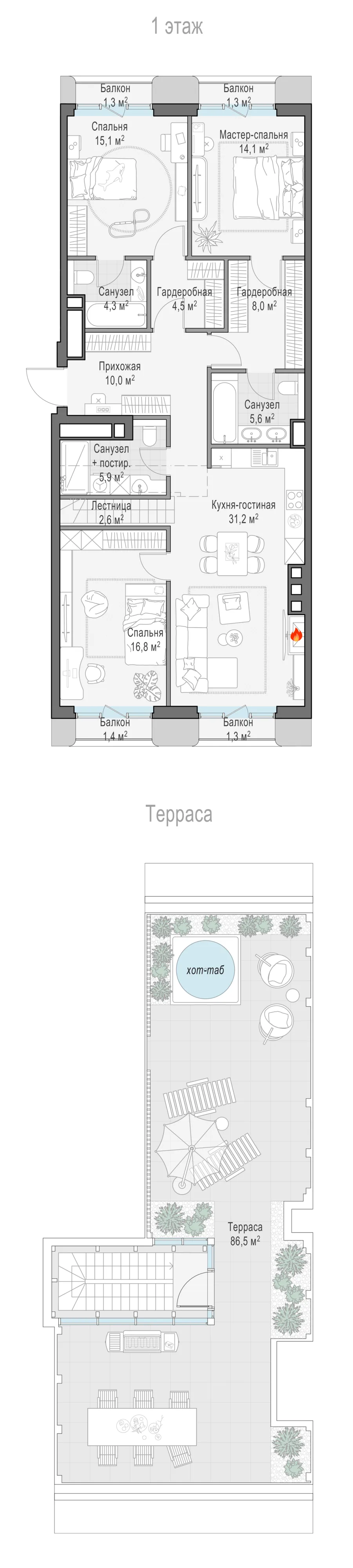 3-комнатный пентхаус 119,6 м² в ЖК «Тишинский бульвар» — планировки 4