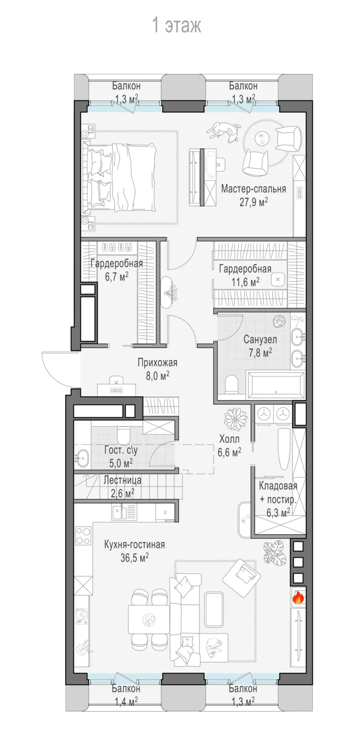 3-комнатный пентхаус 119,6 м² в ЖК «Тишинский бульвар» — планировки 6