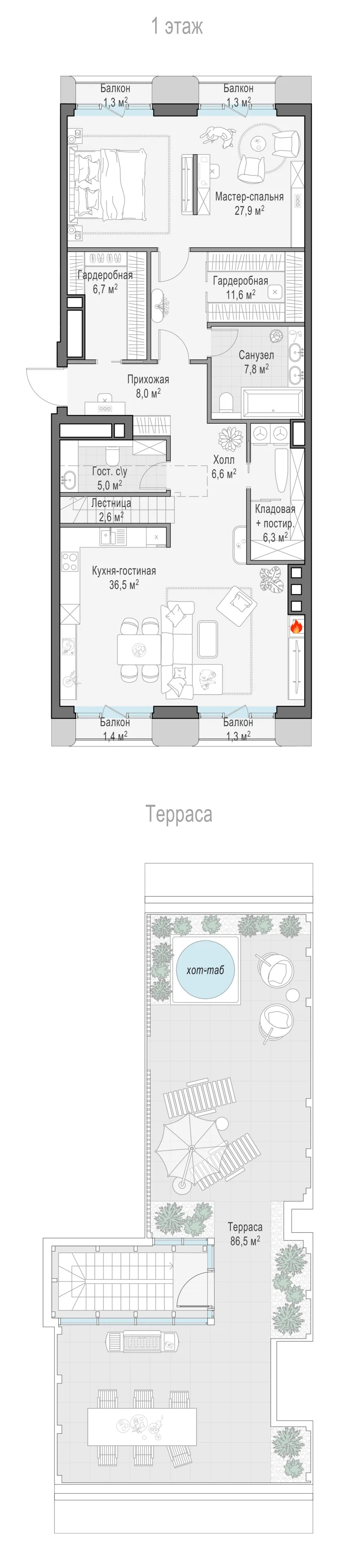 3-комнатный пентхаус 119,6 м² в ЖК «Тишинский бульвар» — планировки 7