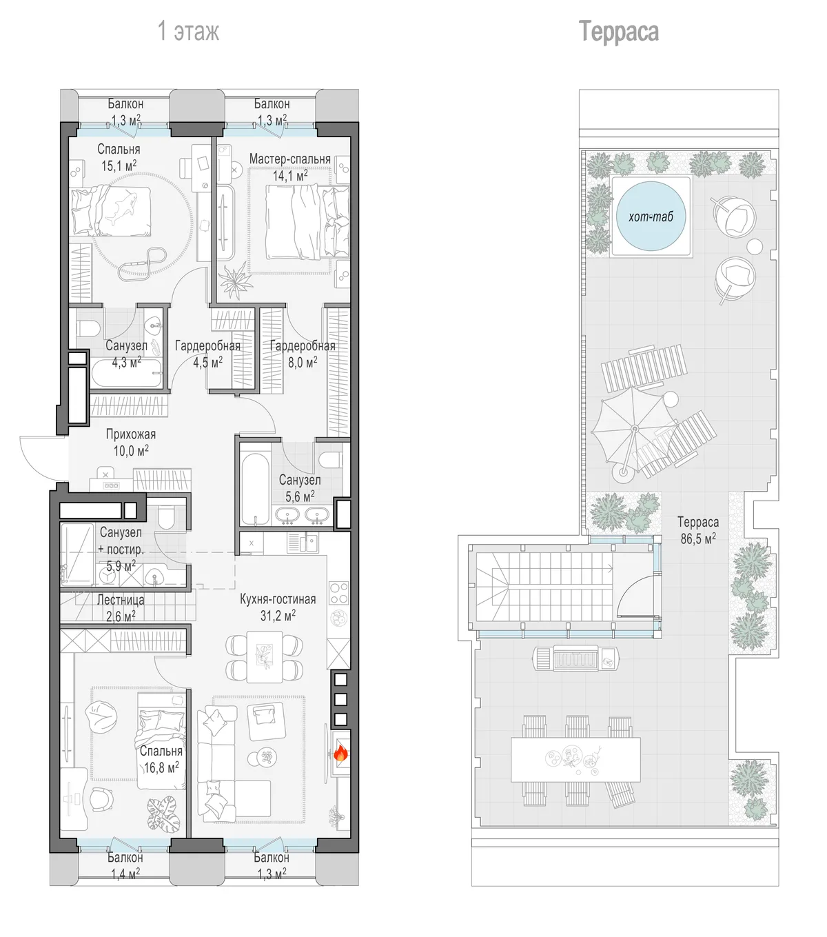 3-комнатный пентхаус 119,6 м² в ЖК «Тишинский бульвар» — планировки 8