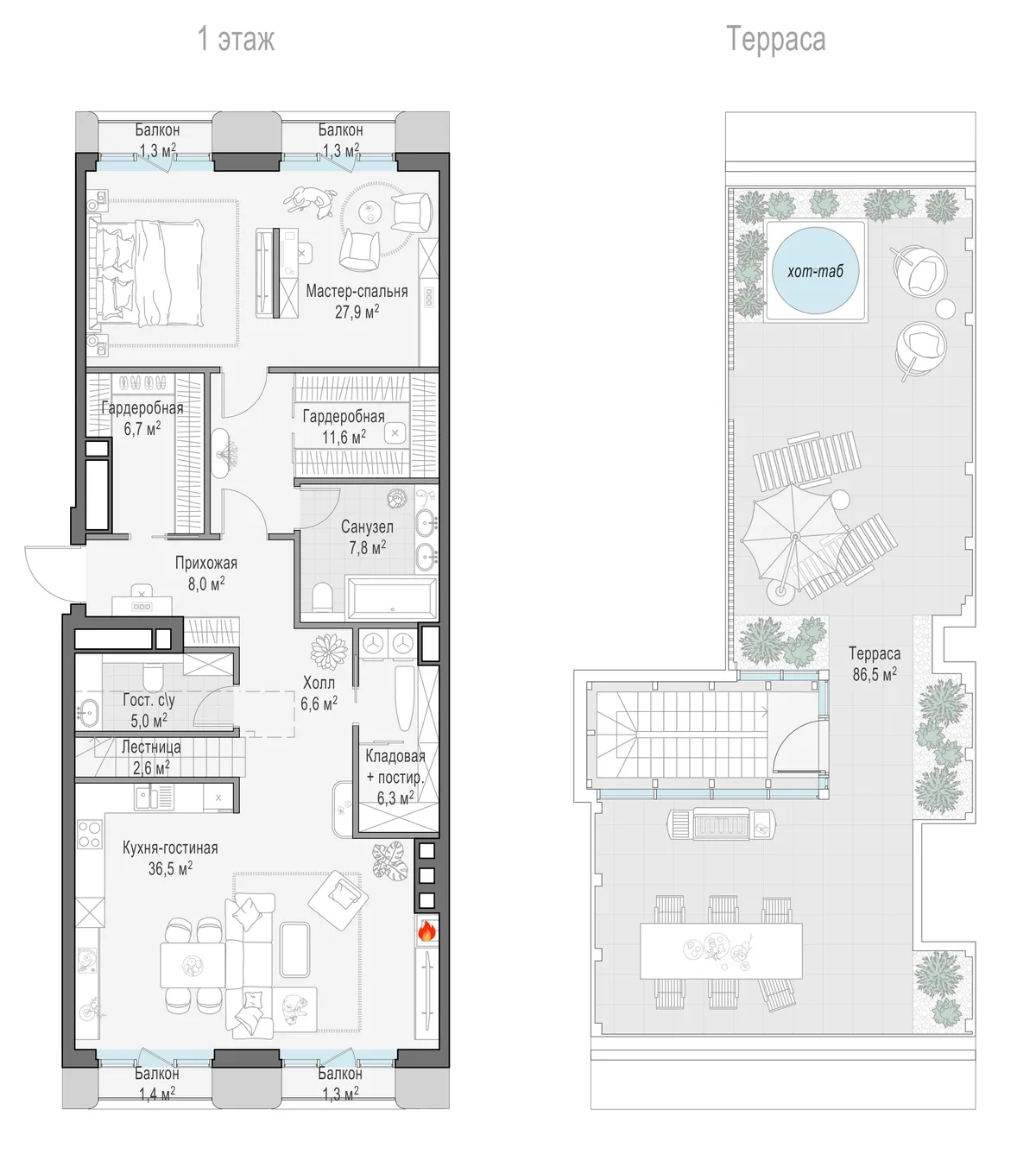 3-комнатный пентхаус 119,6 м² в ЖК «Тишинский бульвар» — планировки 10