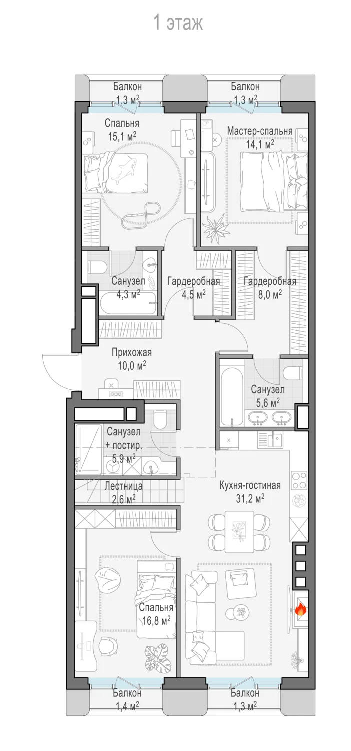 3-комнатный пентхаус 119,6 м² в ЖК «Тишинский бульвар» — планировки 11