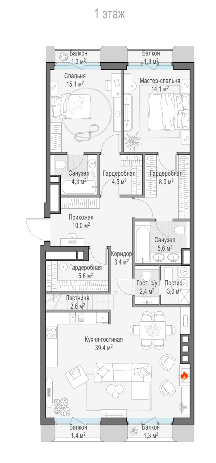 3-комнатный пентхаус 119,6 м² в ЖК «Тишинский бульвар» — планировки 12