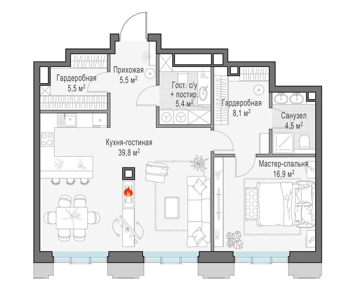 3-комнатная квартира 84,7 м² в ЖК «Тишинский бульвар» — планировки 2