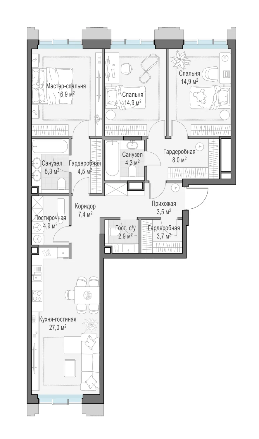3-комнатная квартира 118,8 м² в ЖК «Тишинский бульвар» — планировки 1