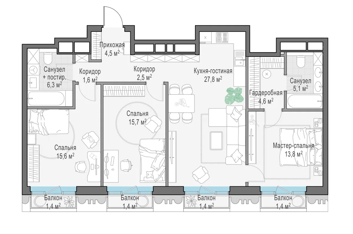 3-комнатная квартира 98,6 м² в ЖК «Тишинский бульвар» — планировки 1