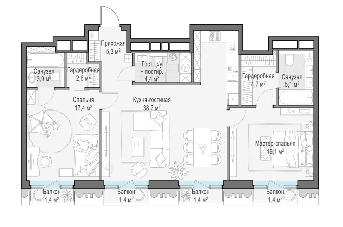 3-комнатная квартира 98,6 м² в ЖК «Тишинский бульвар» — планировки 3