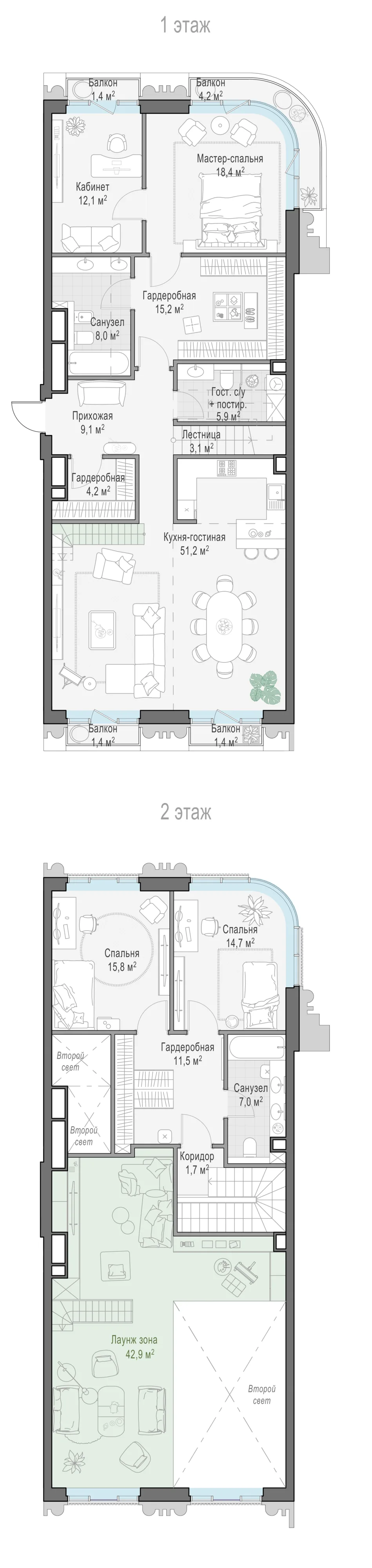 3-комнатная квартира 127,5 м² в ЖК «Тишинский бульвар» — планировки 3