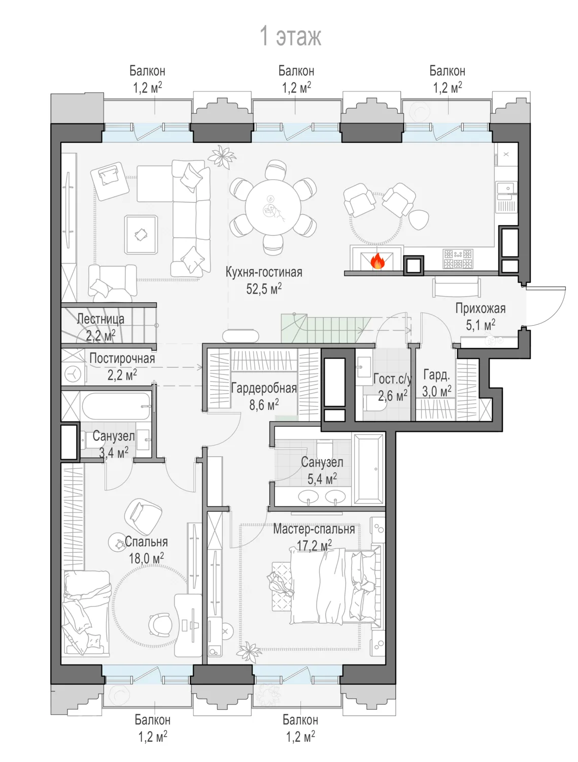 3-комнатная квартира 122,3 м² в ЖК «Тишинский бульвар» — планировки 3
