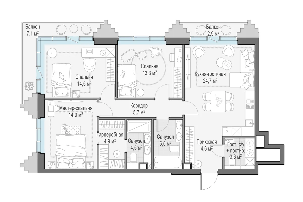 3-комнатная квартира 98,1 м² в ЖК «Тишинский бульвар» — планировки 1