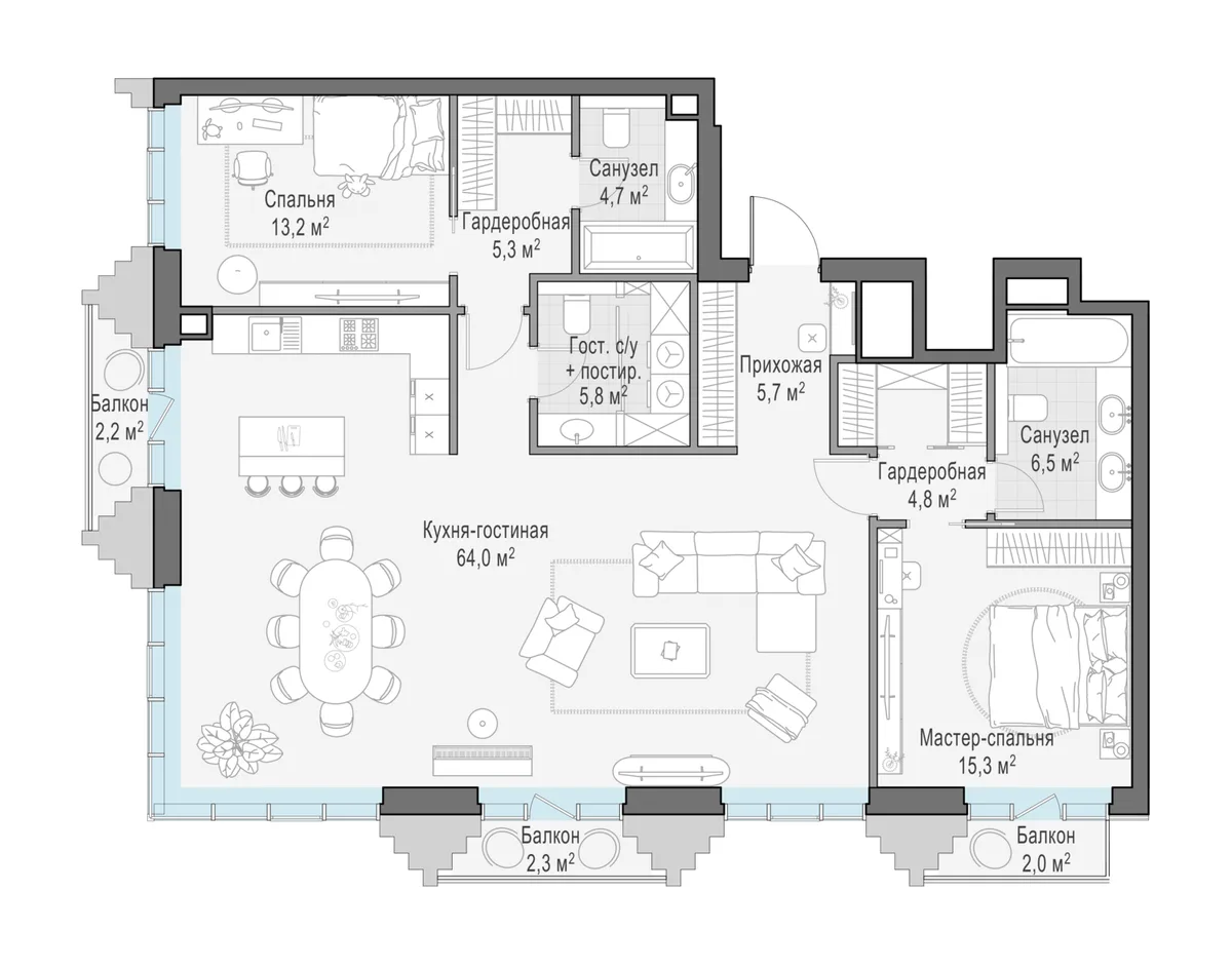 3-комнатная квартира 126 м² в ЖК «Тишинский бульвар» — планировки 1