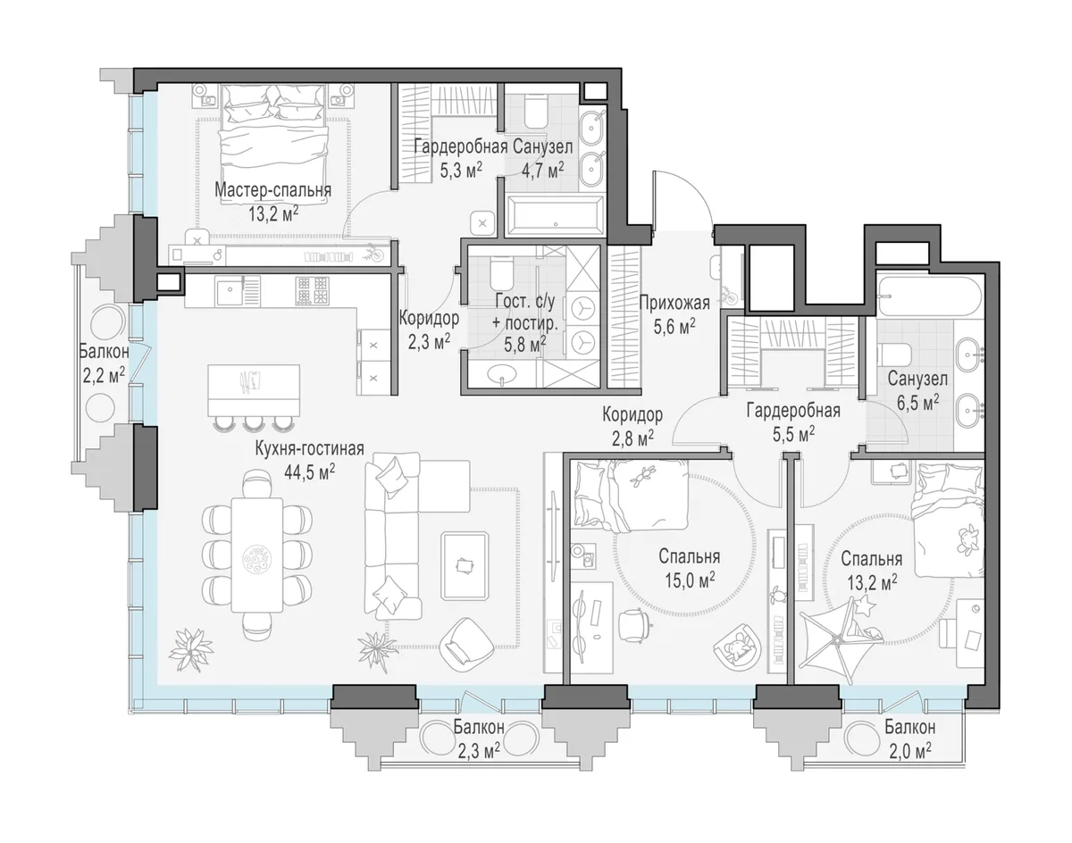 3-комнатная квартира 126 м² в ЖК «Тишинский бульвар» — планировки 2