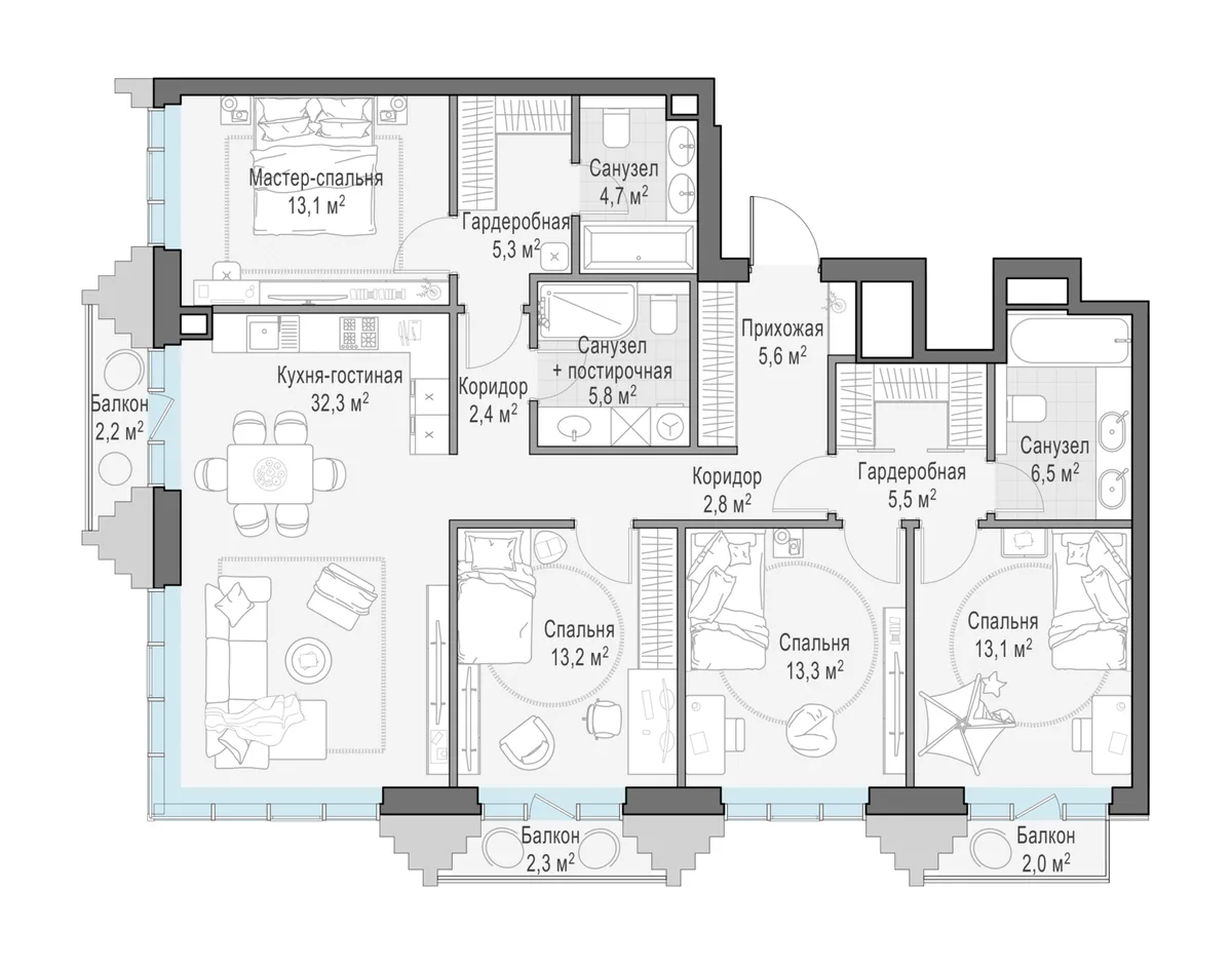 3-комнатная квартира 126 м² в ЖК «Тишинский бульвар» — планировки 3
