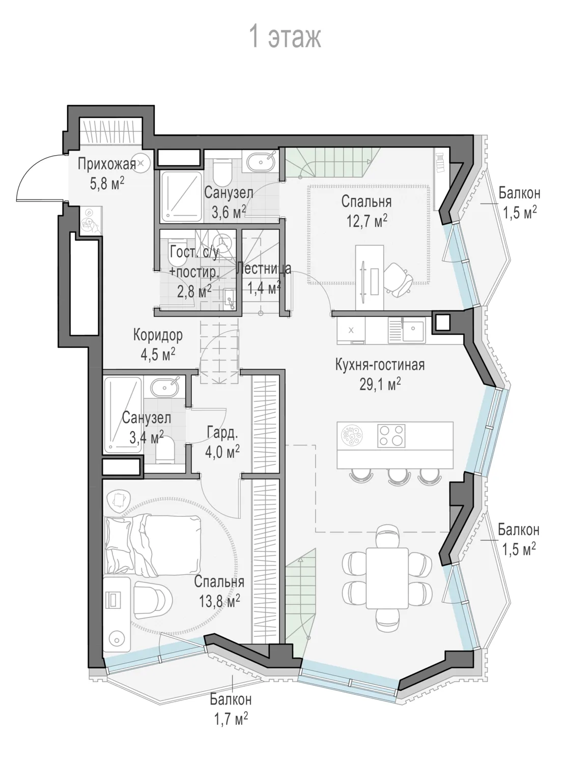 3-комнатная квартира 80,8 м² в ЖК «Тишинский бульвар» — планировки 7