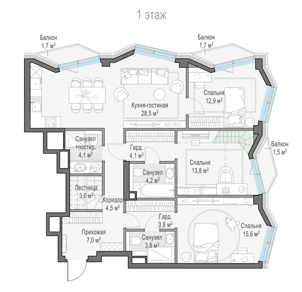 3-комнатная квартира 105,1 м² в ЖК «Тишинский бульвар» — планировки 9