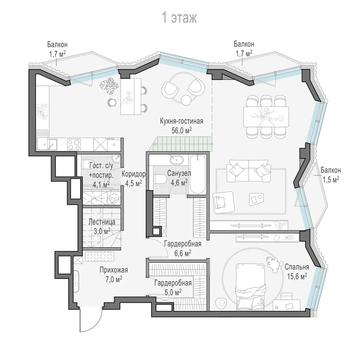 3-комнатная квартира 105,1 м² в ЖК «Тишинский бульвар» — планировки 12