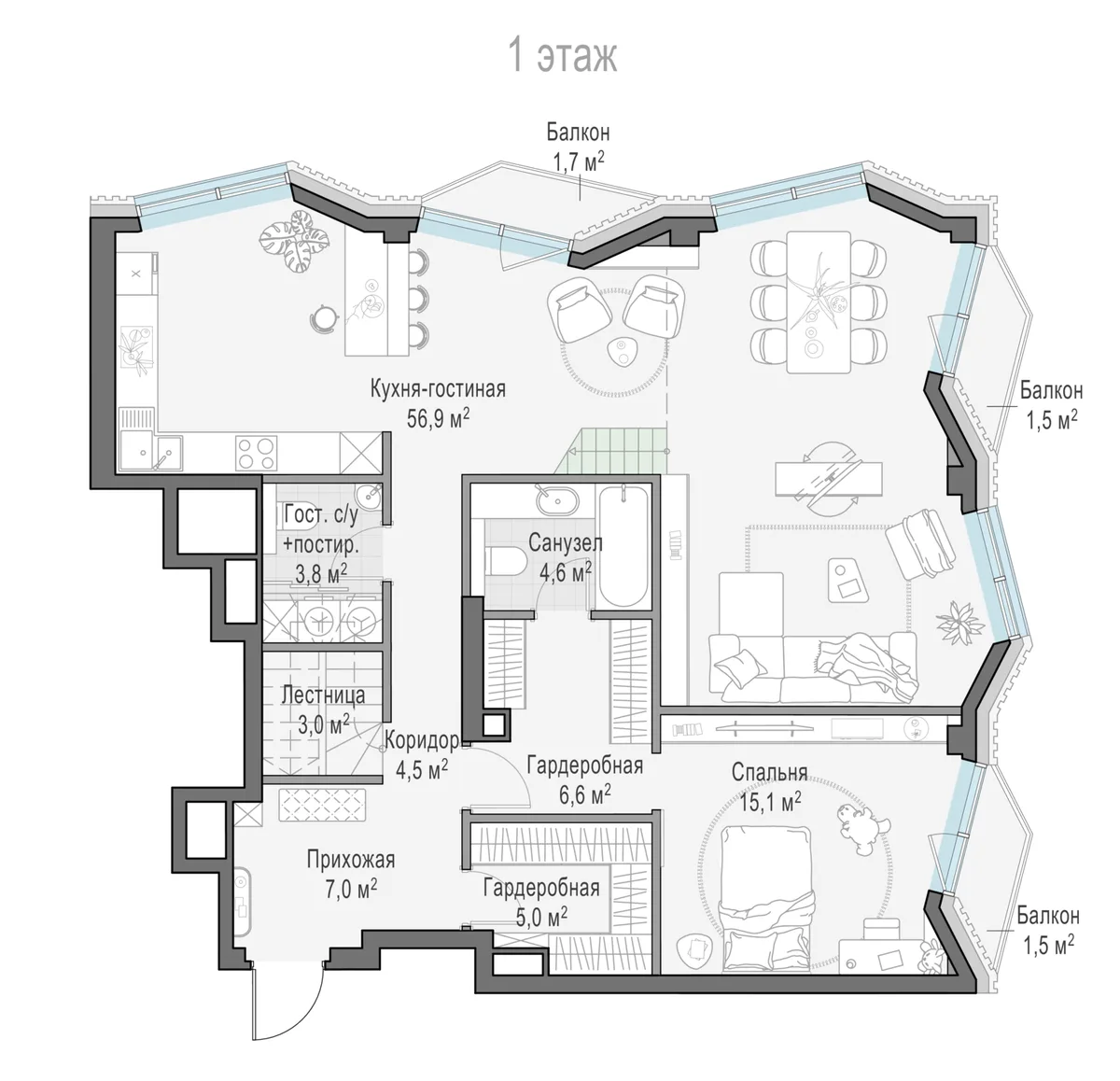 3-комнатная квартира 107,8 м² в ЖК «Тишинский бульвар» — планировки 4