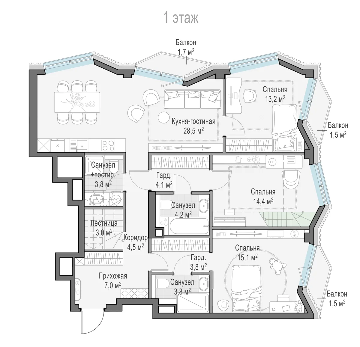 3-комнатная квартира 107,8 м² в ЖК «Тишинский бульвар» — планировки 8