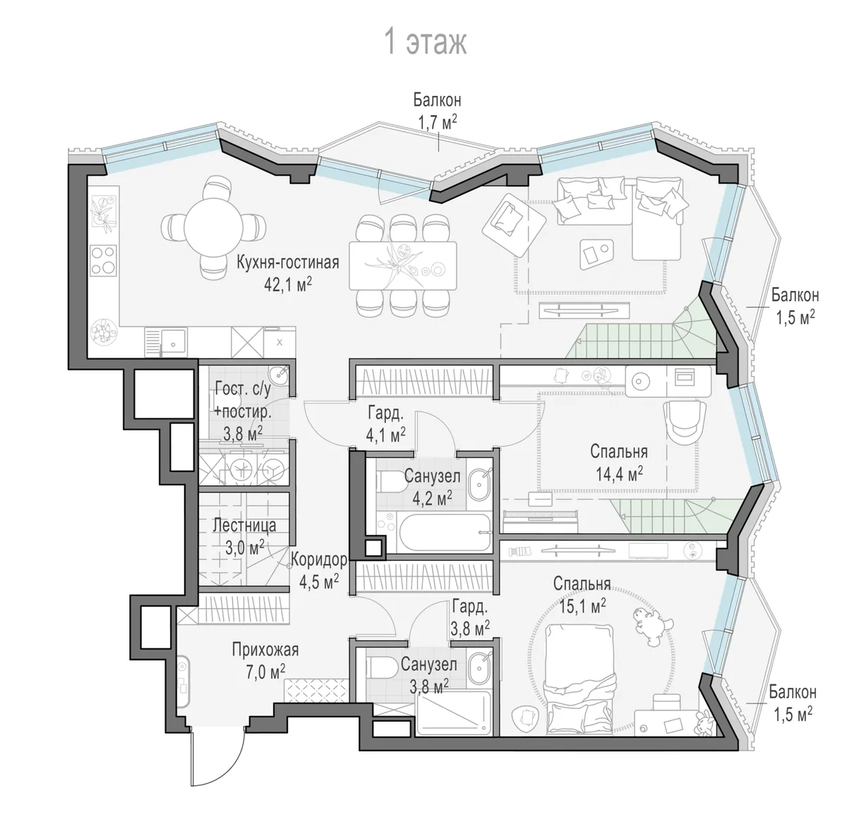 3-комнатная квартира 107,8 м² в ЖК «Тишинский бульвар» — планировки 12