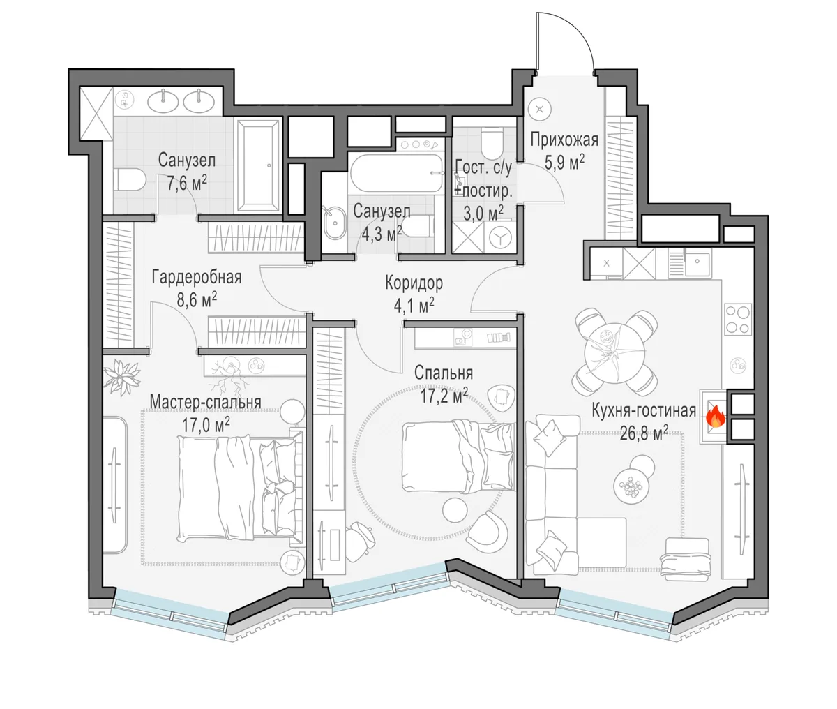 3-комнатная квартира 94,9 м² в ЖК «Тишинский бульвар» — планировки 1