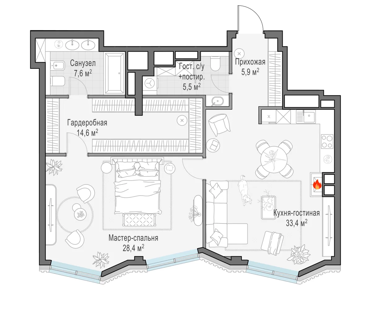 3-комнатная квартира 94,9 м² в ЖК «Тишинский бульвар» — планировки 2