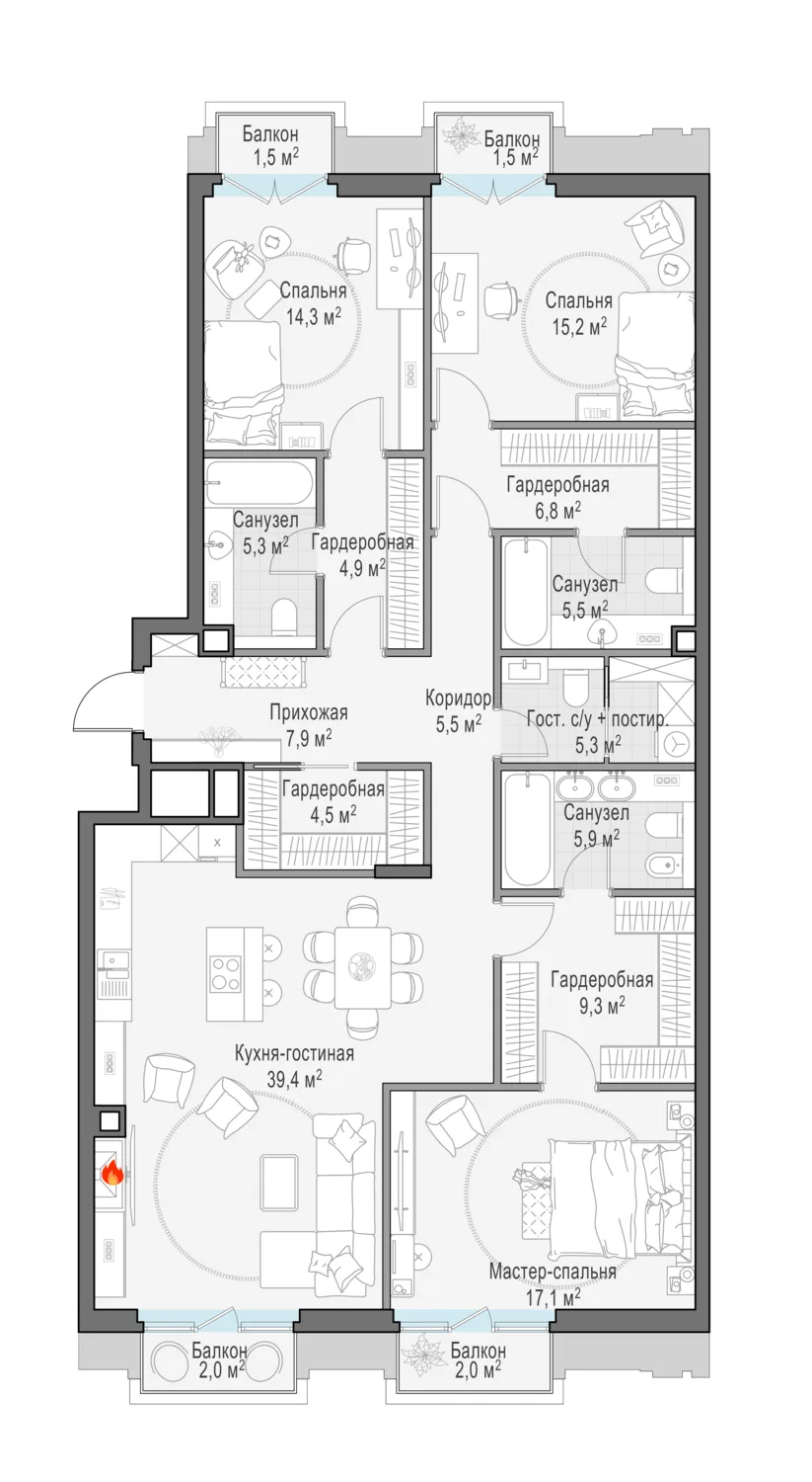 4-комнатная квартира 151,1 м² в ЖК «Тишинский бульвар» — планировки 2