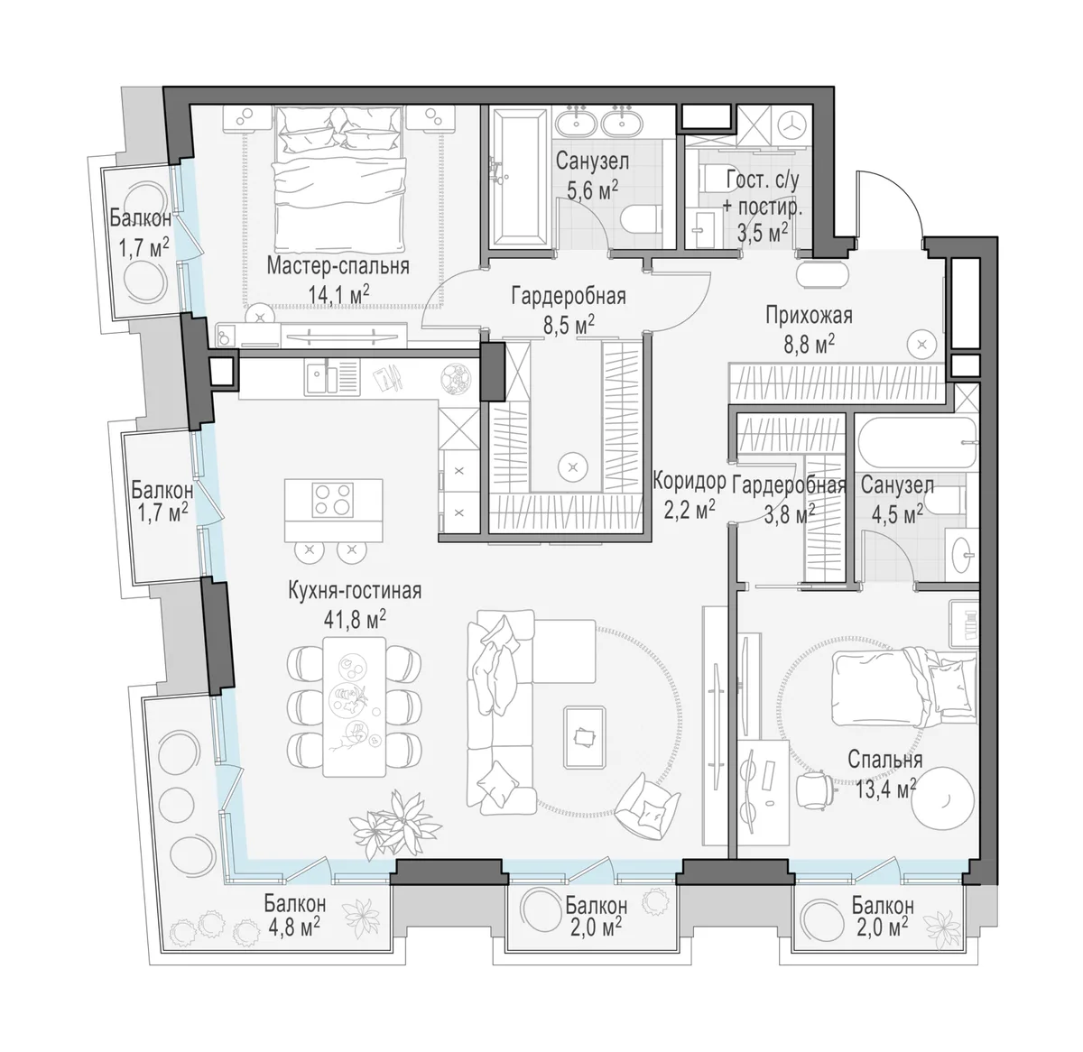 4-комнатная квартира 111,9 м² в ЖК «Тишинский бульвар» — планировки 1