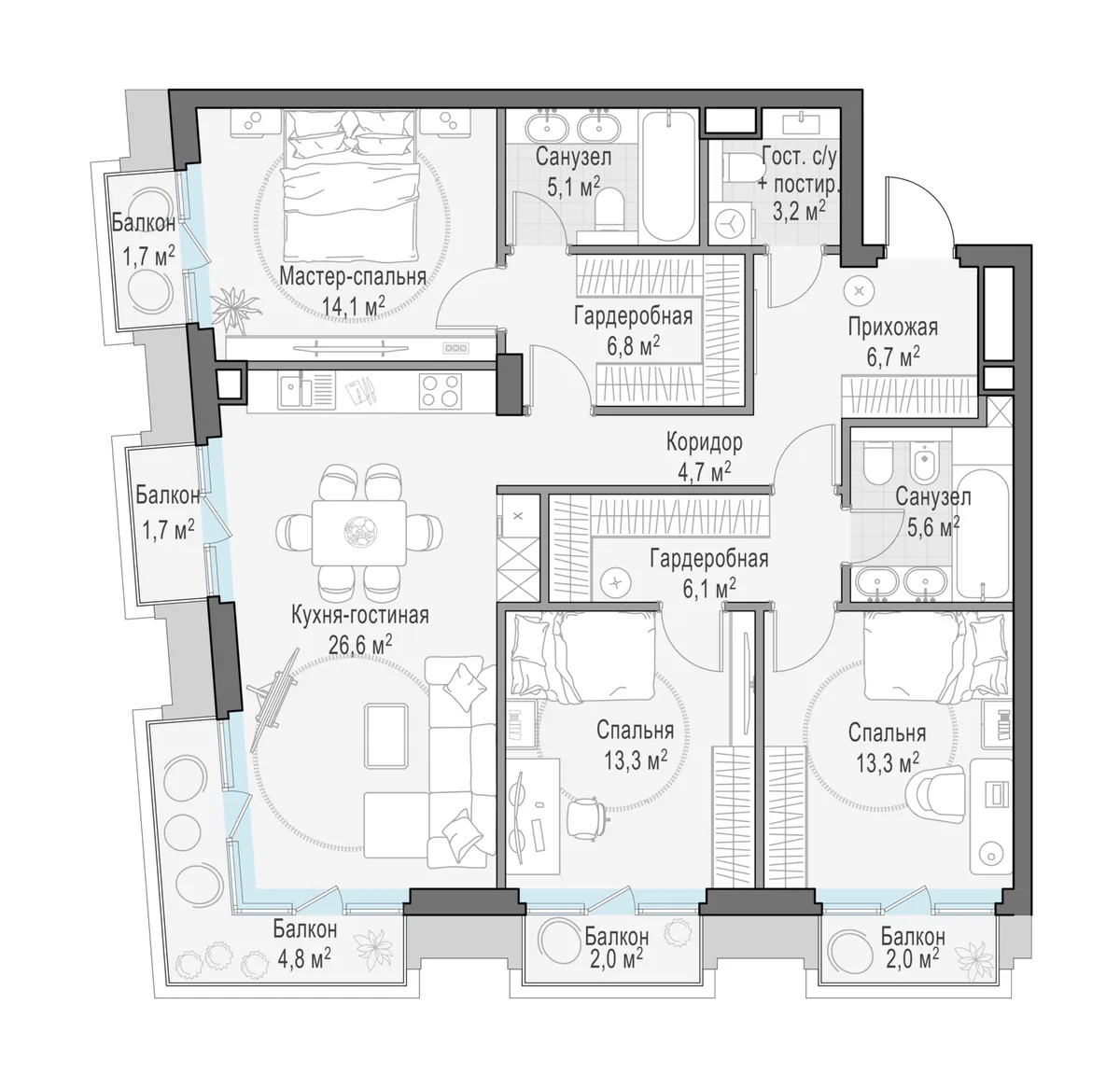 4-комнатная квартира 111,9 м² в ЖК «Тишинский бульвар» — планировки 2