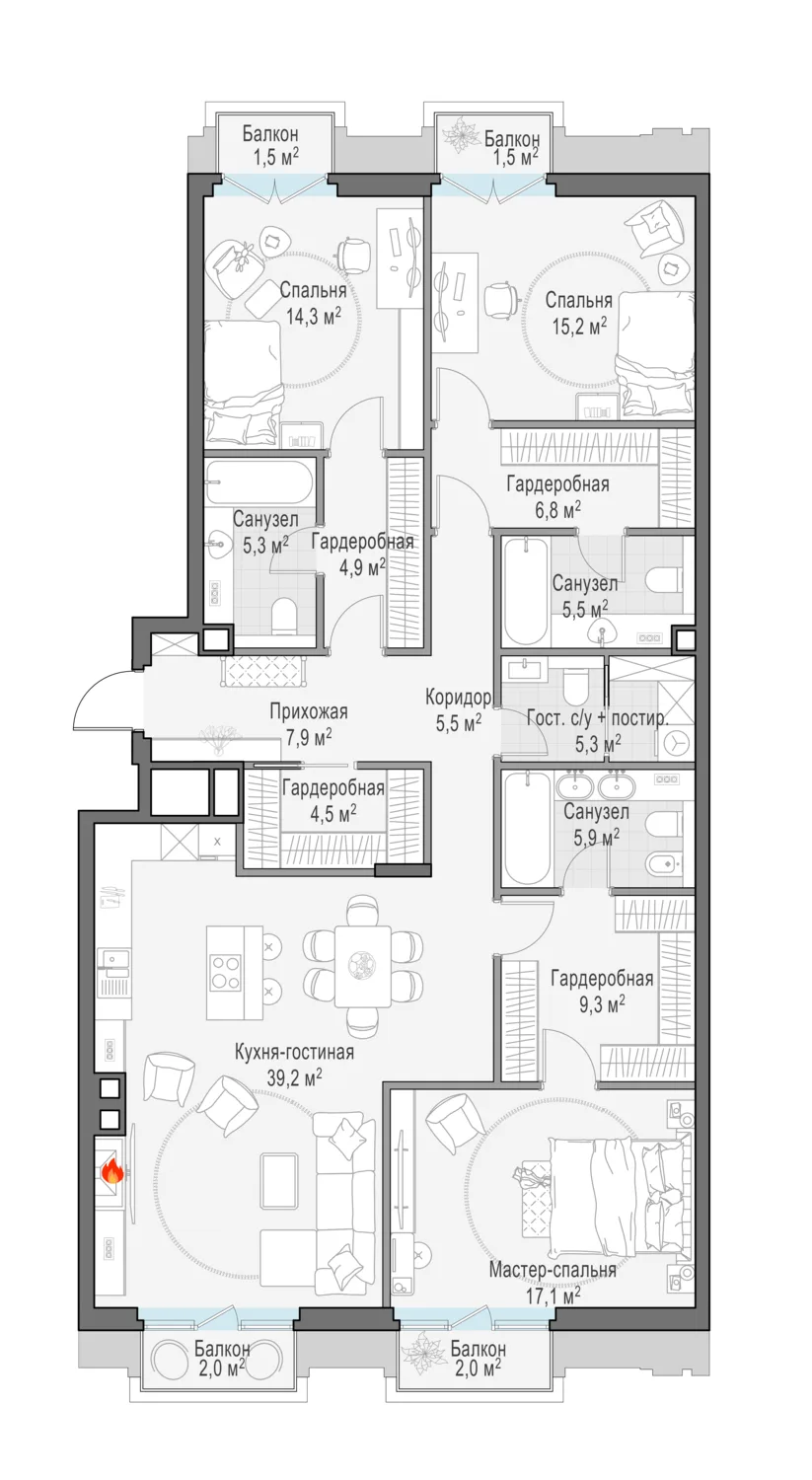 4-комнатная квартира 150,8 м² в ЖК «Тишинский бульвар» — планировки 2